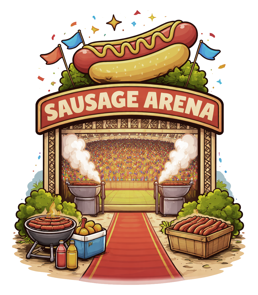 Cartoon Sausage Arena entrance with crowd, grills, and red carpet